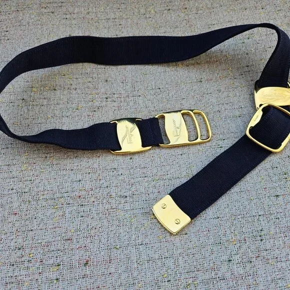 Salvatore Ferragamo Women Belt Navy Blue Canvas Gold Tone 